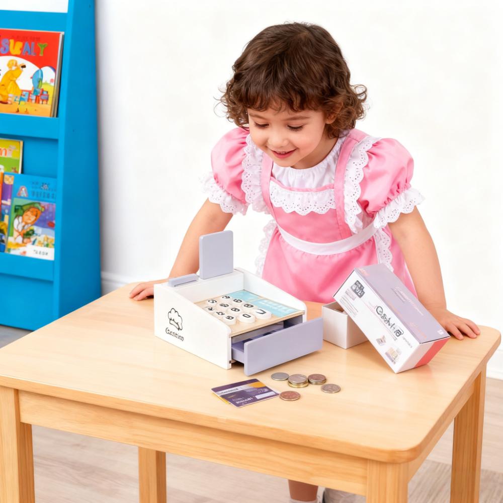 Toy Cash Register - Kinder-Registrierkasse aus Holz, Rollenspiel-Set, interaktives Kasse-Spielzeug